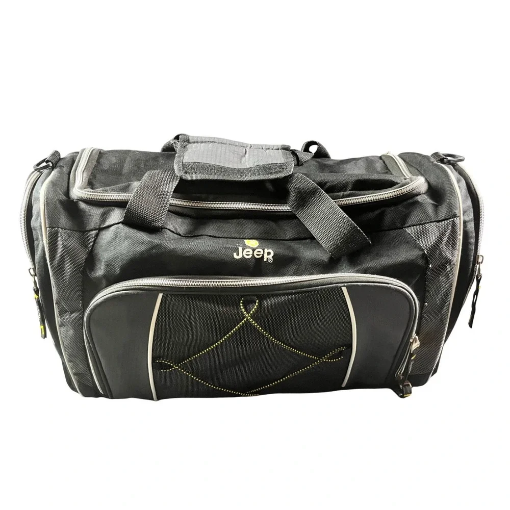 Jeep Black Canvas Duffel Bag Multi Pocket Travel Gym Bag 18 Inch
